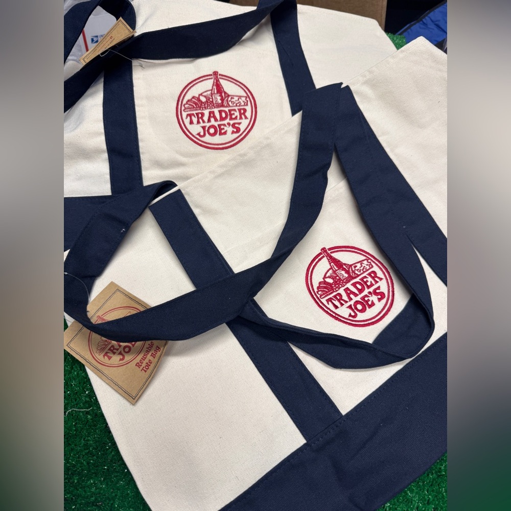 2 LARGE Trader Joes Tote Bag Blue Canvas 20" x
15”